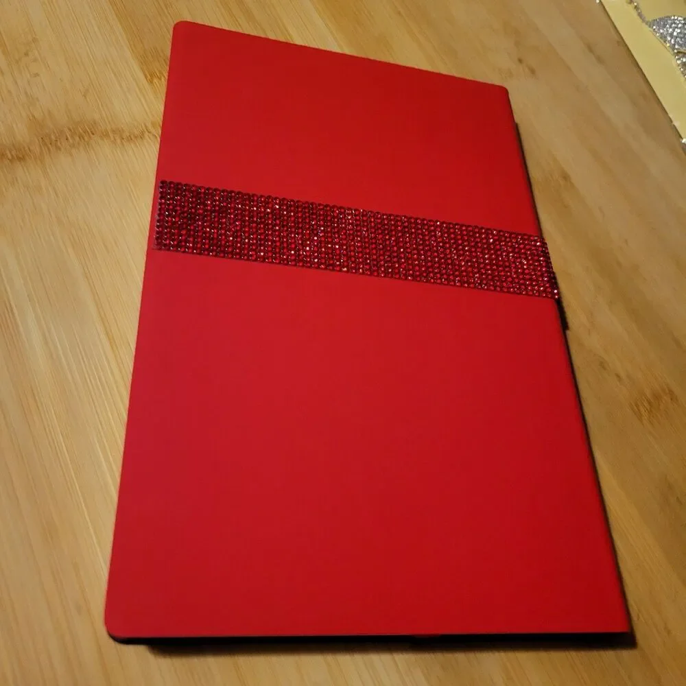 Red Leather Blank Lined Journal Notebook Bedazzled Red Stripe Sparkle Size A5